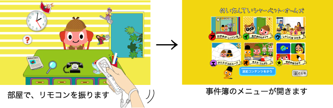 部屋でリモコンを振るとメニューが開きます。